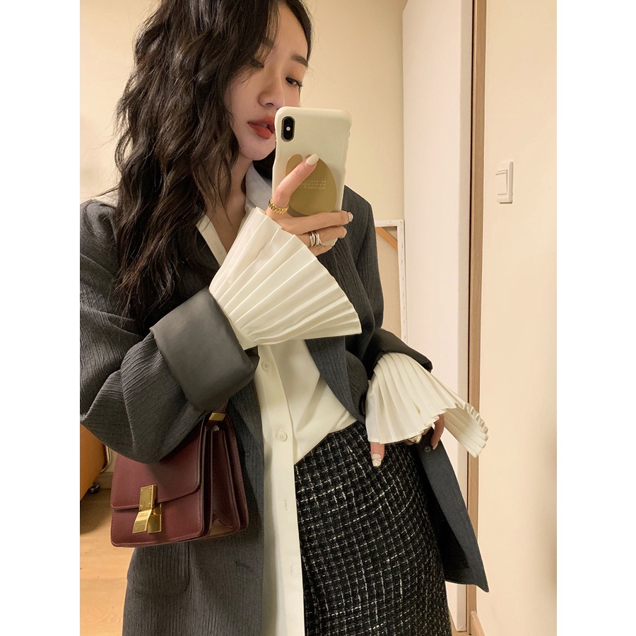 QKOOLE  Áo Sơ Mi Tay Dài Dáng Rộng Thời Trang Hàn Quốc Cho Nữ