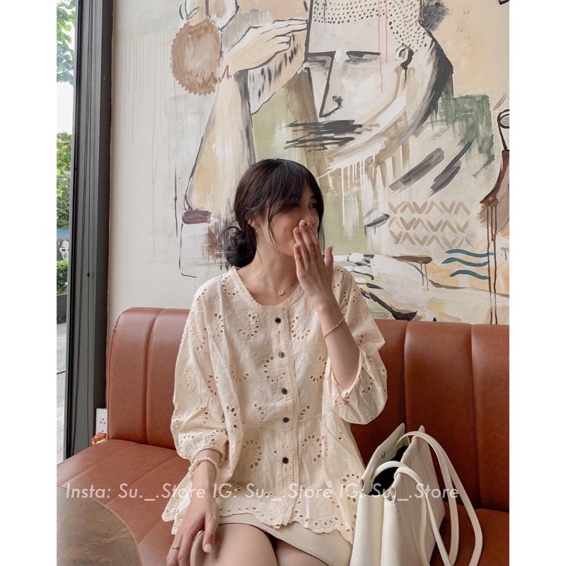 Áo babydoll ren thô dễ thương màu kem phong cách Nhật nữ tính điệu đà mang hằng ngày tiểu thư hàn quốc