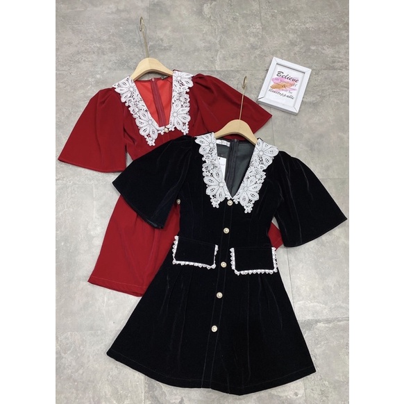 Váy Nhung Cổ Ren Khuy Ngọc 2 Màu Tiểu Thư Siêu Xinh Có Ảnh Thật Kèm Video | BigBuy360 - bigbuy360.vn