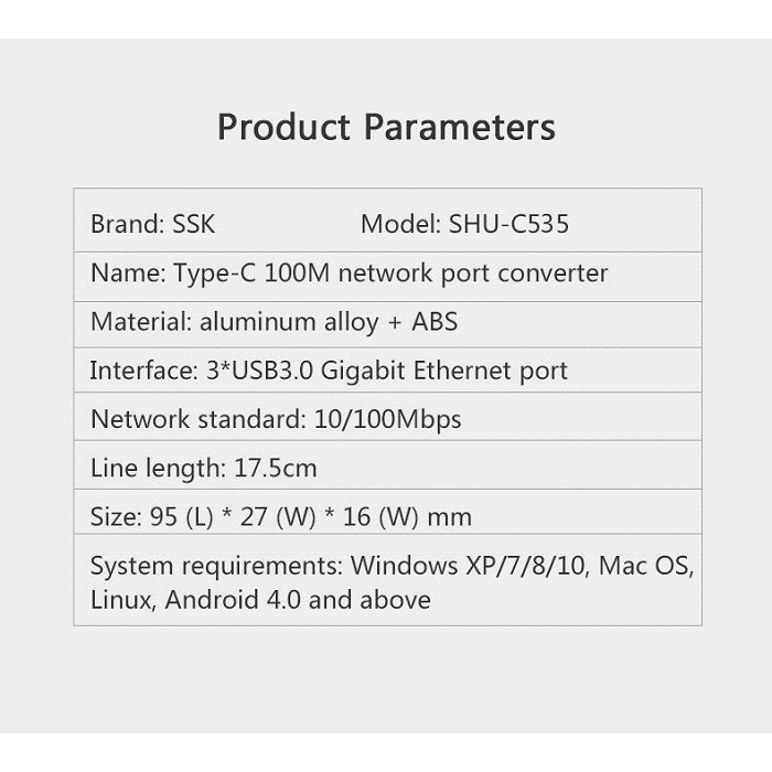 Thiết bị OTG typeC ra USB 3.0 SSK SHU-C535 tốc độ 6Gbps - cổng LAN RJ45 100M (Đen)