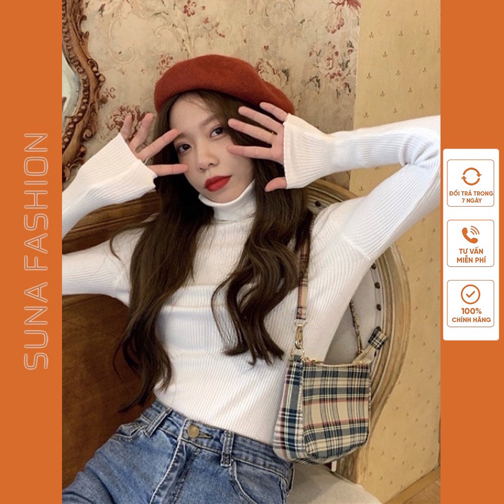 Áo thun nữ cổ lọ tay dài ôm body, Áo thun ôm dài tay thun gân SUNA FASHION từ 40 - 56kg