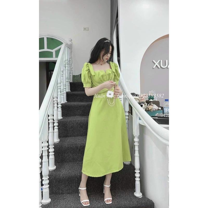Đầm váy nữ maxi xanh họa tiết ngực xếp li nhẹ dáng xòe siêu xinh phù hợp cho các tình yêu đi dự tiệc
