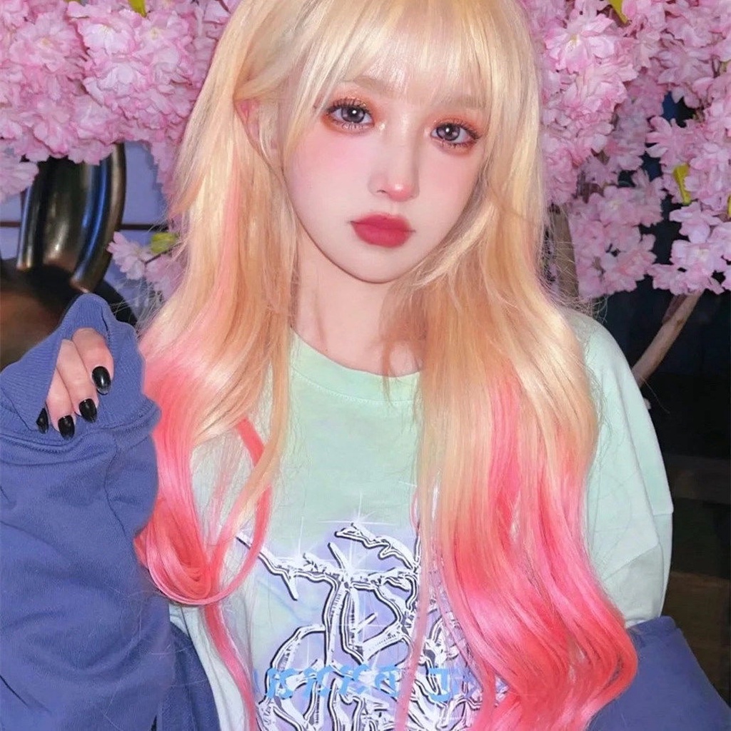 Bộ Tóc Giả Dài Xoăn Gợn Sóng Màu Hồng Bạch Kim Phong Cách lolita Dành Cho Nữ