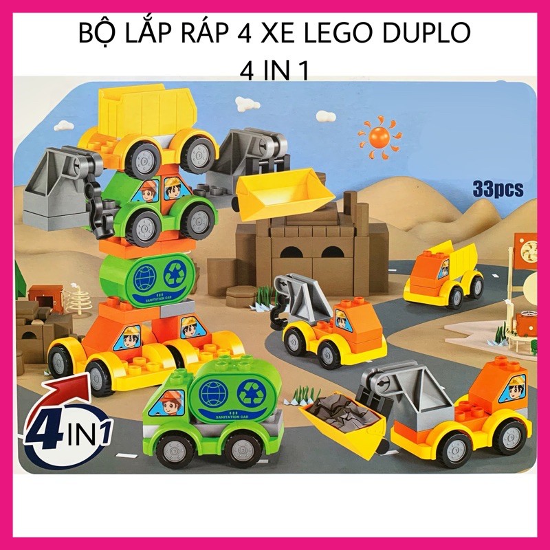 Bộ Lắp Ráp 4 Xe Lego Duplo Đồ Chơi Xếp Hình Robot 4 in 1 xe mô hình công trình xây dựng cho bé, chất liệu nhựa an toàn