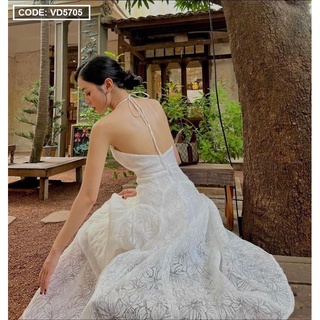 Đầm maxi cổ yếm hoa nổ hở lưng (hàng cao cấp)