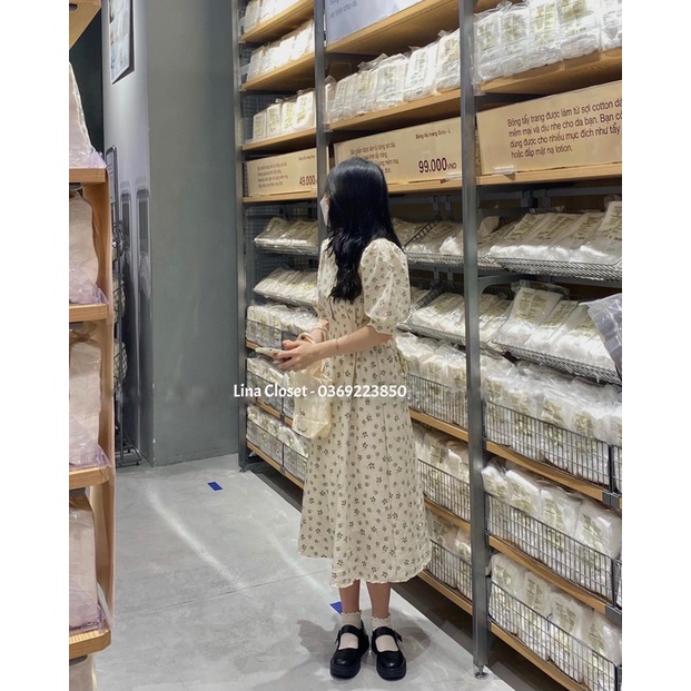 [Ảnh thật] Đầm - Váy hoa nhí cỏ 4 lá cổ tròn tay bồng thắt nơ tiểu thư