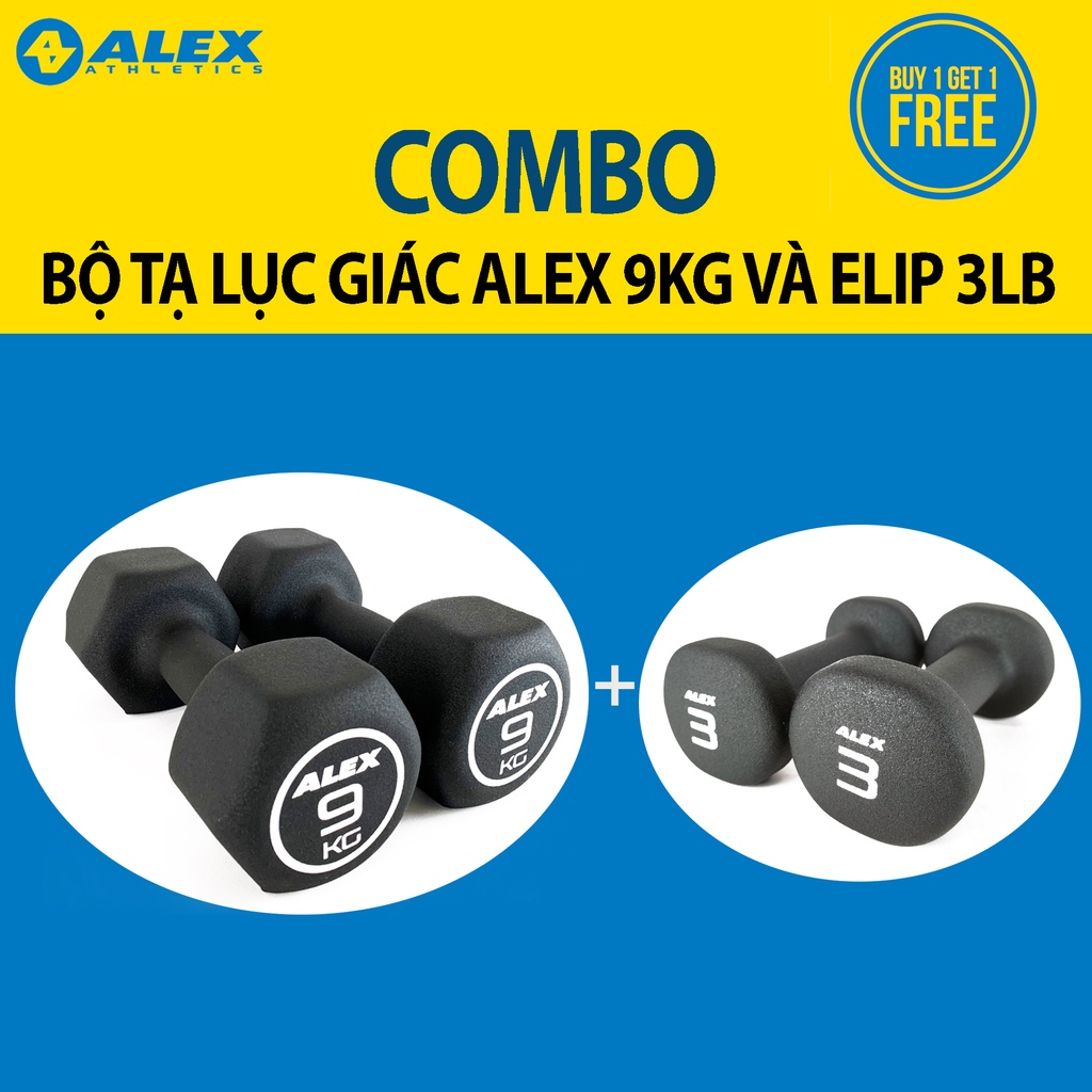 COMBO 2 Bộ Tạ Tay Lục Giác ALEX 9Kg Và Elip ALEX 3LB, Lõi Gang Đặc Bọc Cao Su Cao Cấp Đài Loan Chính Hãng