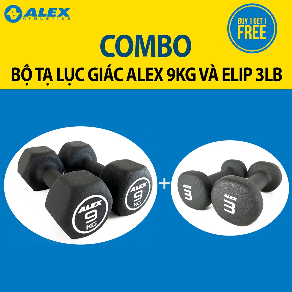 [BUY 1 GET 1] COMBO 2 Bộ Tạ Tay Lục Giác ALEX 9Kg Và Elip ALEX 3LB, Lõi Gang Đặc Bọc Cao Su Cao Cấp Đài Loan Chính Hãng