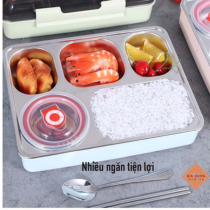 Khay Cơm Chia Phần 5 Ngăn Giữ Nhiệt INOX 304 + Tặng thìa + đũa [HỘP CƠM 5 NGĂN]