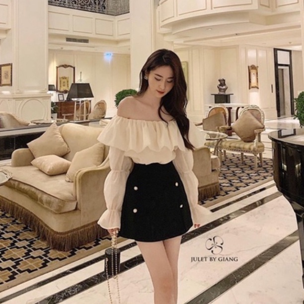Áo sơ mi trễ vai 2 lớp hàng mới_001 ulzzang babydoll bánh bèo nội y xanh