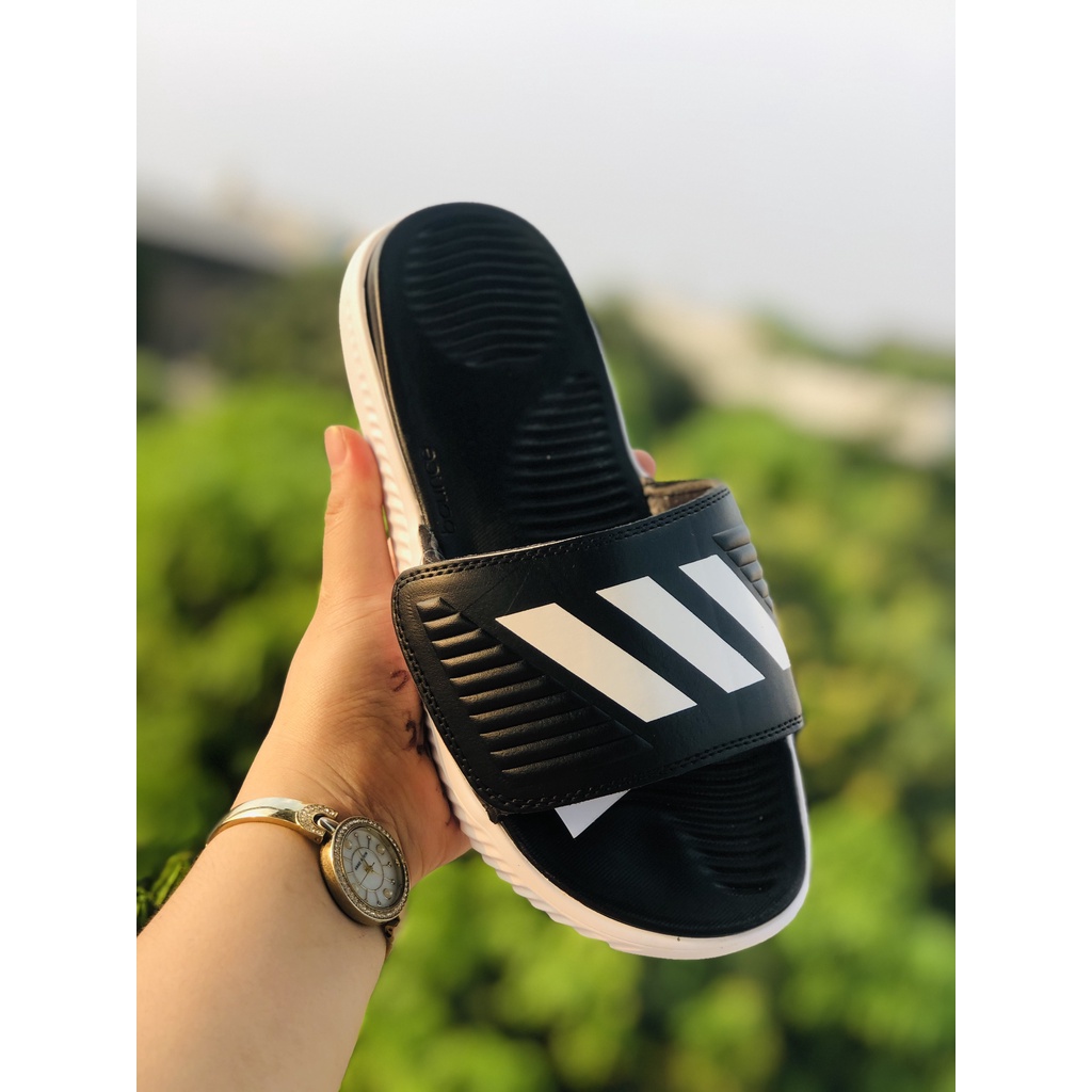 Dép Alphabounce quai ngang nam 3 sọc màu đen trắng chất xịn 1-1, đế dày nhẹ Tặng hộp