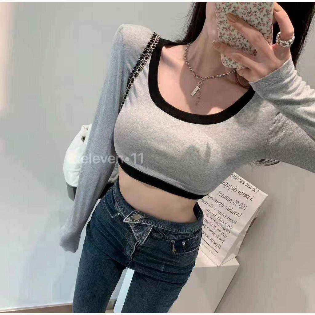 SUXI Áo Thun Dài Tay Cổ Chữ U Gợi Cảm Cho Nữ