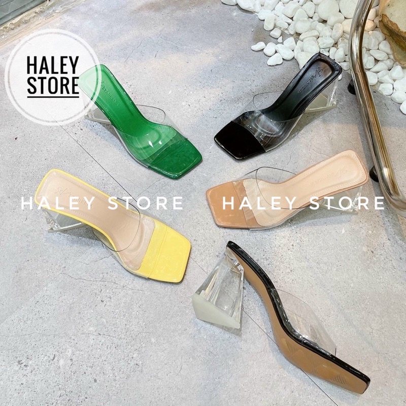 Giày guốc cao gót tam giác trong suốt HALEY STORE quai ngang khuyết mũi vuông thời trang mới nhiều màu rẻ bền đẹp