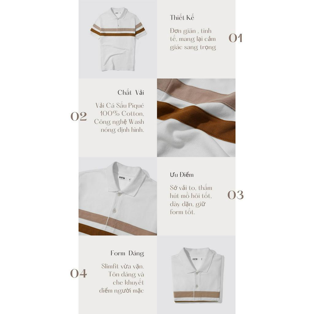 Áo Thun Polo Nam Cổ Bẻ Trắng In Sọc Ngực Nâu BY COTTON Double Brown Stripes Polo