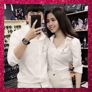 ÁO SƠ MI IN THÊU CĂP ĐOI NAM NỮ TAY DÀI THÊU HÌNH LÔNG CÔNG TRẮNG VẢI KATE LỤA KHÔNG NHĂN MỀM MỊN