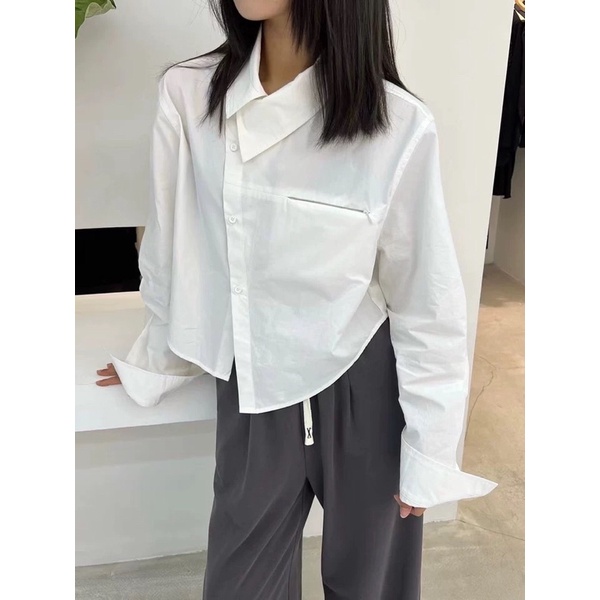 Áo sơmi croptop dài tay cổ cách điệu - hàng thiết kế quảng châu