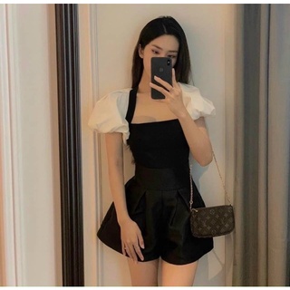 Set áo tay phối cúp ngực trắng đen