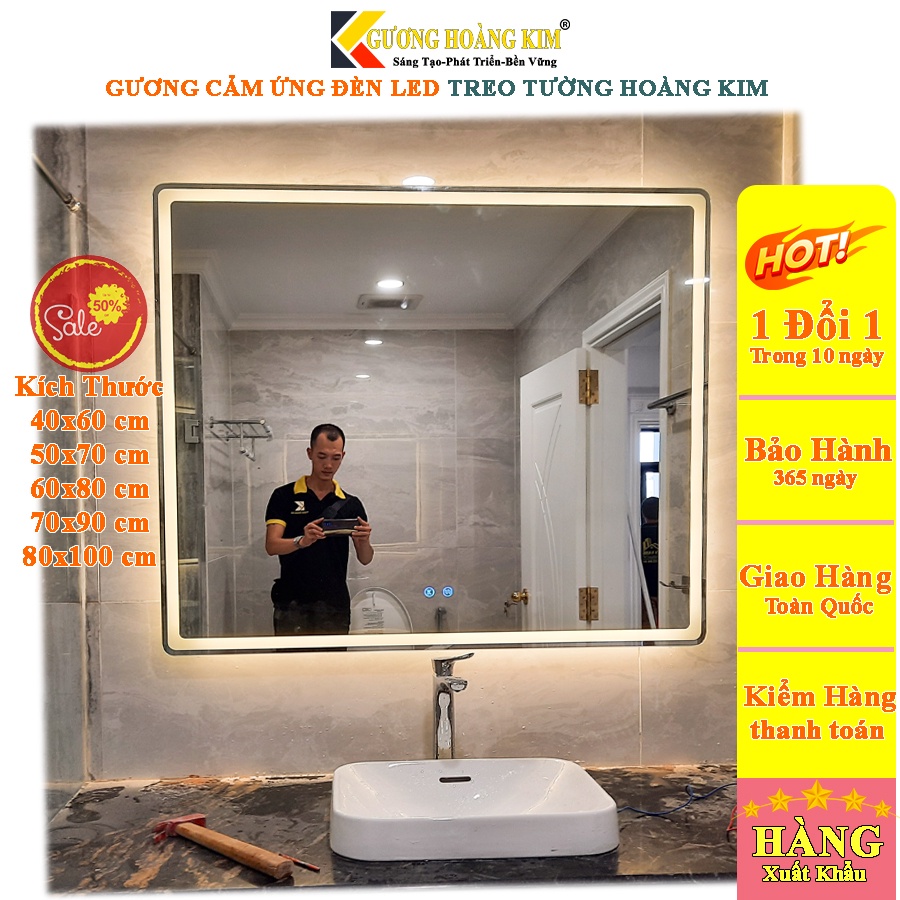 Gương nhà tắm cảm ứng treo tường chữ nhật trang điểm đèn led thông minh kích thước 70x90, 80x100cm guonghoangkim HK3001