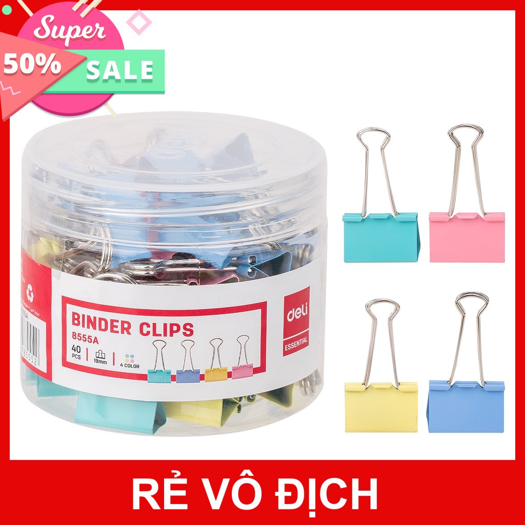 Kẹp bướm 19mm DELI, kim loại mạ sơn, Hồng, Xanh dương, Xanh lá, Vàng, 40 cái/lọ 8555