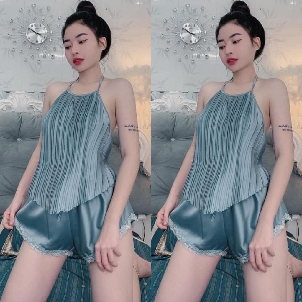 Đồ Ngủ Nữ - Đồ Ngủ Sexy Cổ Yếm Gợi Cảm Chất Satin Mềm Mại Freesize &lt;58kg - Linqu Sleepwear