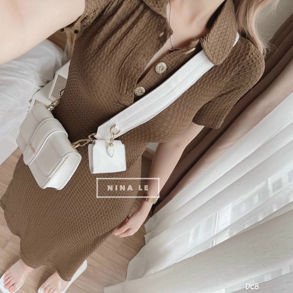 Đầm midi dáng dài đi dự tiệc với chất vải thun gân ôm body tôn dáng, thiết kế cổ sơ mi ngắn tay phong cách cá tính