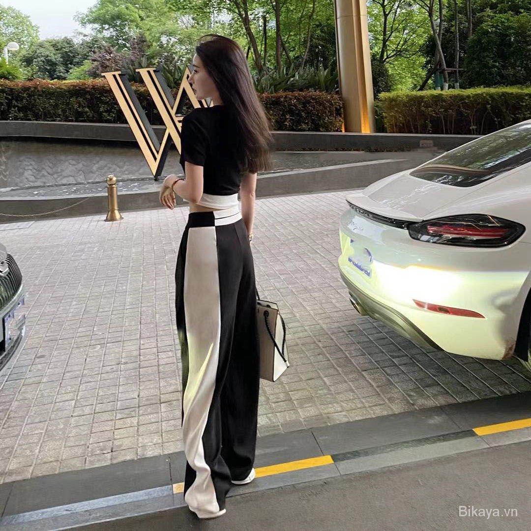 Summer Suit Female Fake Two-Piece Patchwork Short Sleeve Top+Black and White Patchwork Casual Wide-Leg Pants Fashion Two-Piece Suit