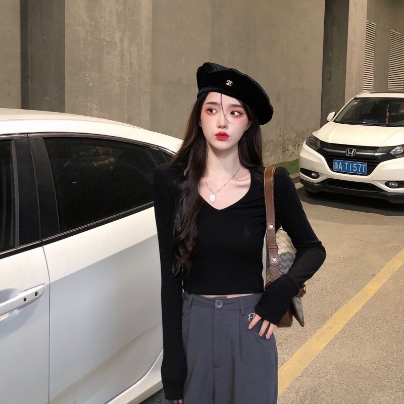 ZHELIHANGFEI Áo Thun Tay Dài Cổ Chữ V Hở Eo Quyến Rũ Trẻ Trung Hợp Thời Trang