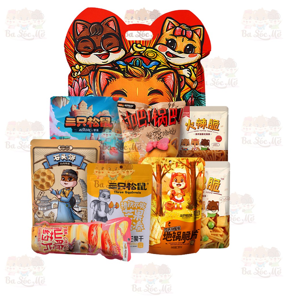 Bim bim khổng lồ hãng Ba Con Sóc (Three Squirrels) - Set đồ ăn vặt snack 8 vị - Ăn vặt Ba Sóc Mỡ