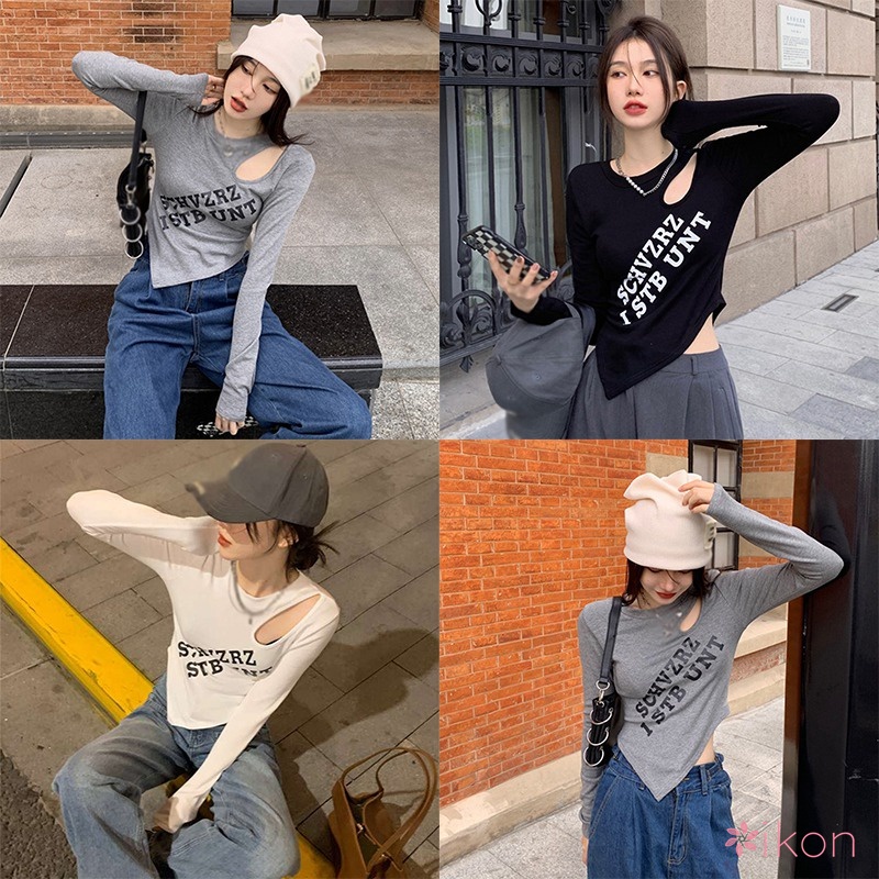 Áo Thun Lửng Tay Dài In Chữ Trẻ Trung Cho Nữ