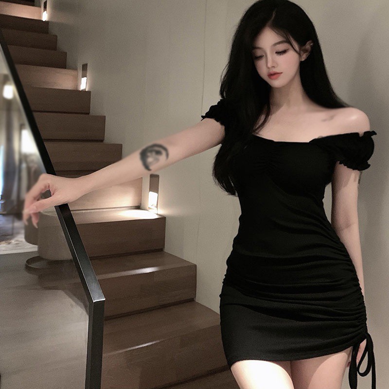 Váy trễ vai phối dây rút màu trơn thời trang phong cách Hàn Quốc