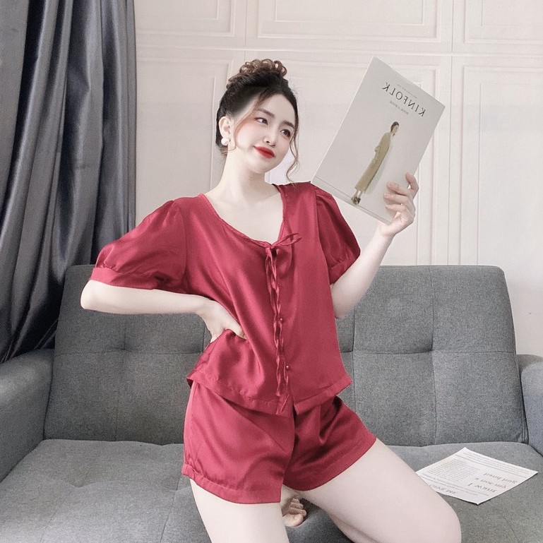 Đồ ngủ tiểu thư tay ngắn đính nút ngọc, lụa satin cao cấp mềm mại, freesize 40-60kg tùy chiều cao YONI 037 | BigBuy360 - bigbuy360.vn
