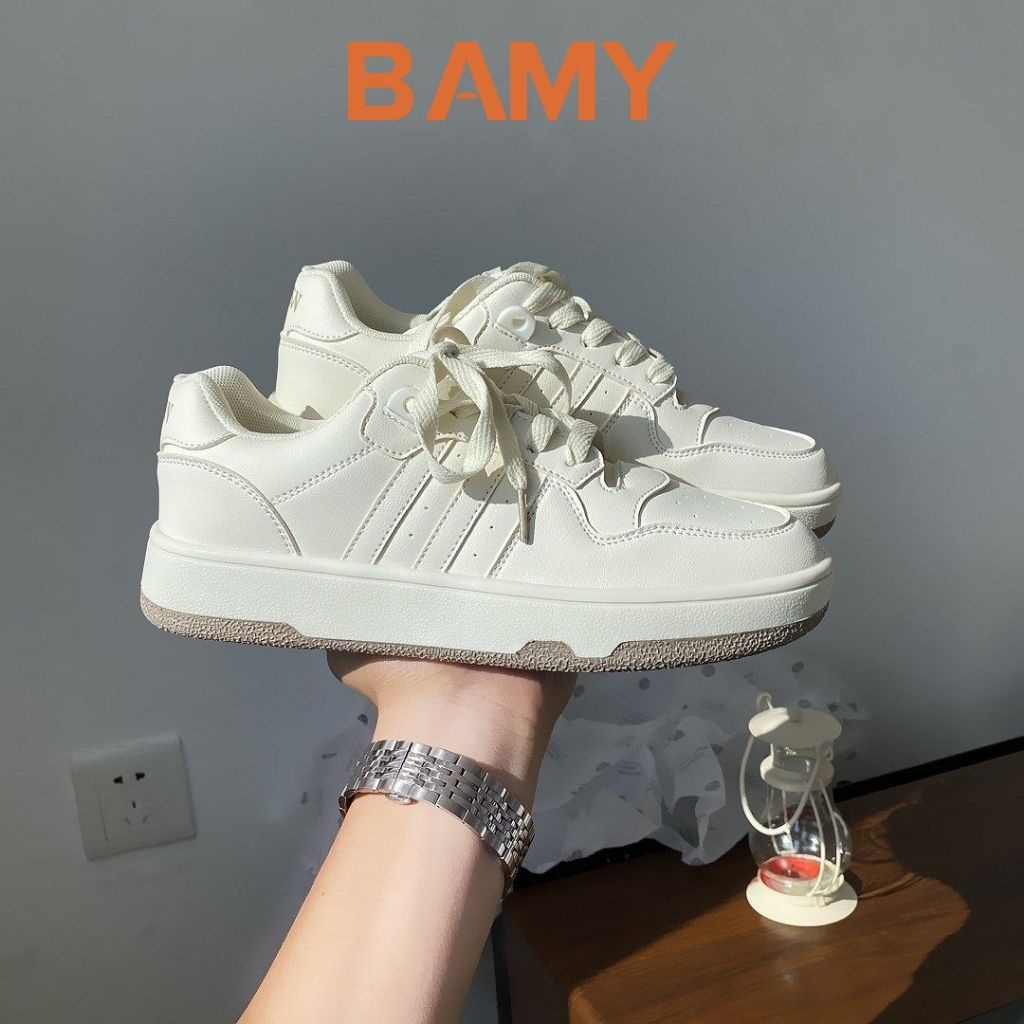 Giày thể thao Sneaker nữ trắng đế bằng phong cách RETRO, Giày nữ BAMY đế bánh mì dáng basic cao 3 phân