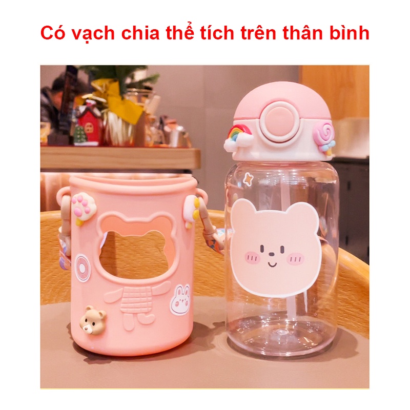 Bình nước cho bé đi học chịu nhiệt tốt Baby-S, Bình uống nước cho bé có ống hút tặng kèm túi silicon và dây đeo - SBN013