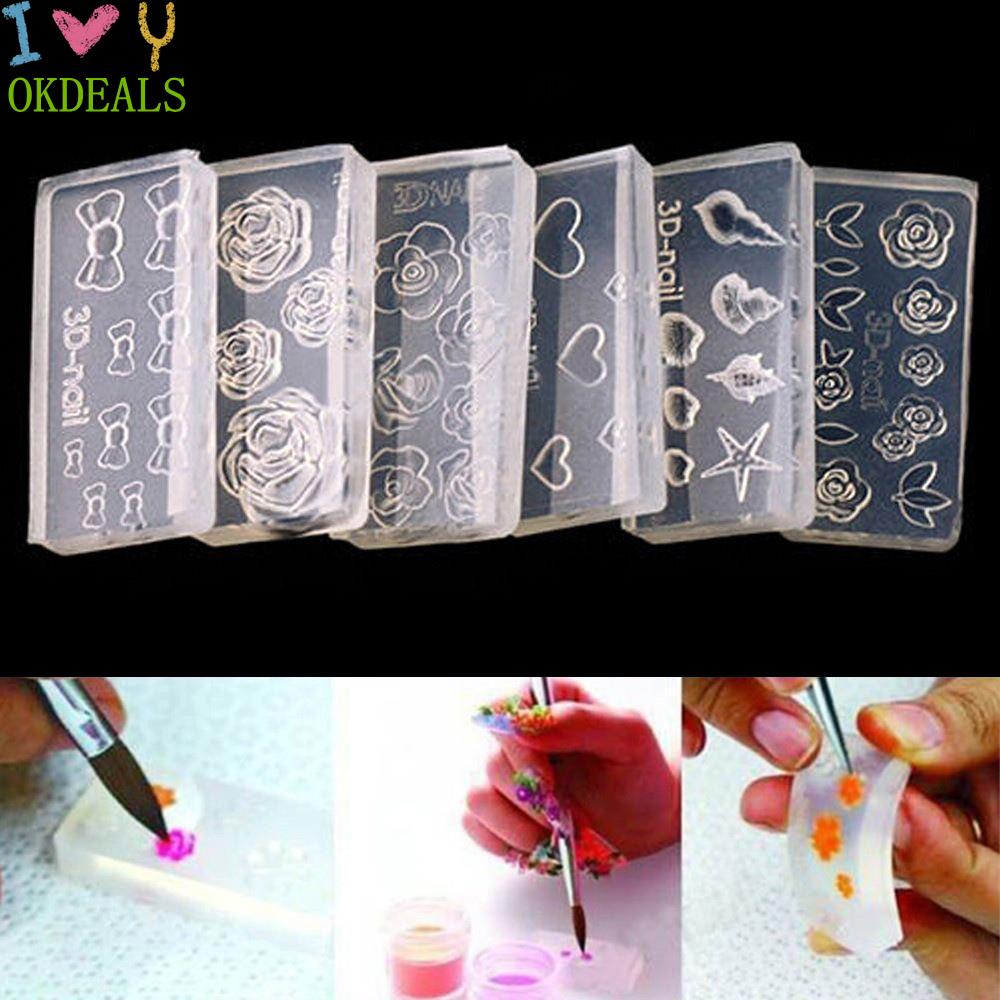 [Hàng mới về] Set 6 khuôn trang trí móng tay tự làm acrylic gel UV phối hình đẹp 3D bằng silicon trong suốt