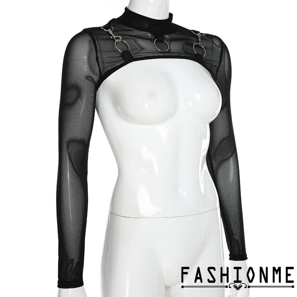 Áo Croptop Tay Dài Phối Lưới Xuyên Thấu Quyến Rũ Cho Nữ