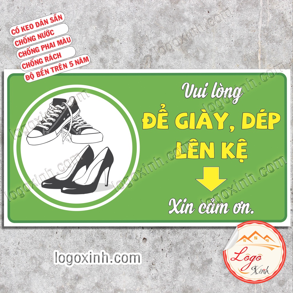 Logo Tem Sticker Chỉ Dẫn Hãy Vui Lòng Để Giày Dép Lên Kệ, Lên Giá, Dạng Decal Có Keo Dán Sẵn, Chống Nước Tuyệt Đối