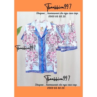 Pijama đùi búp hoa xanh h002 lụa cao cấp qc.