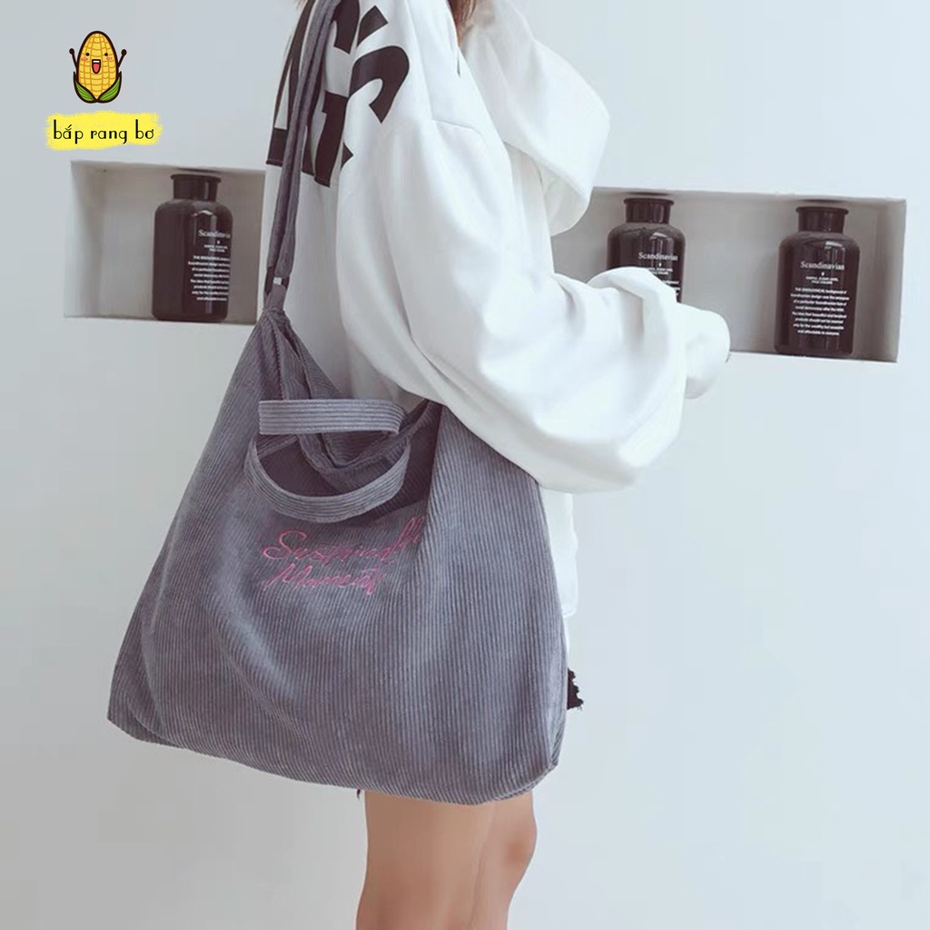 TÚI NHUNG ĐEO CHÉO MOMENT THÊU CHỮ ĐI HỌC ĐI CHƠI