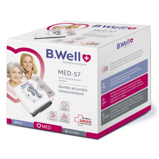 Máy đo huyết áp cổ tay tự động Swiss MED-57 - B.Well, chăm sóc sức khỏe gia đình, theo dõi huyết áp mọi nơi.