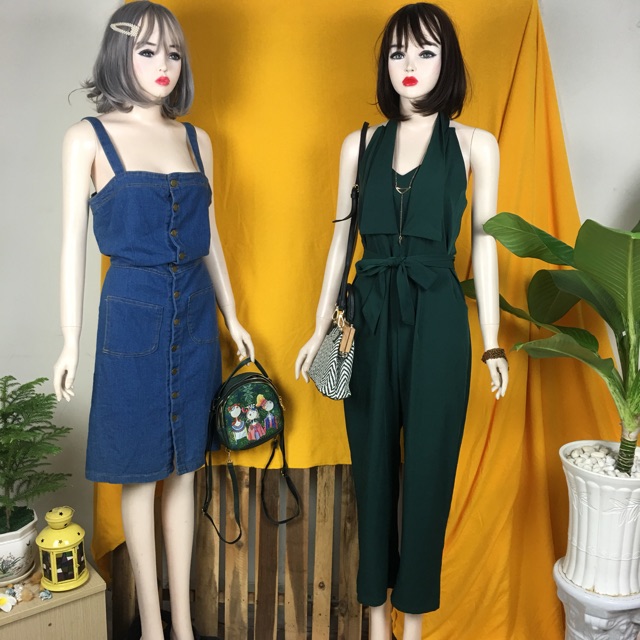 đầm jeans 2 dây +jump dài rêu yếm