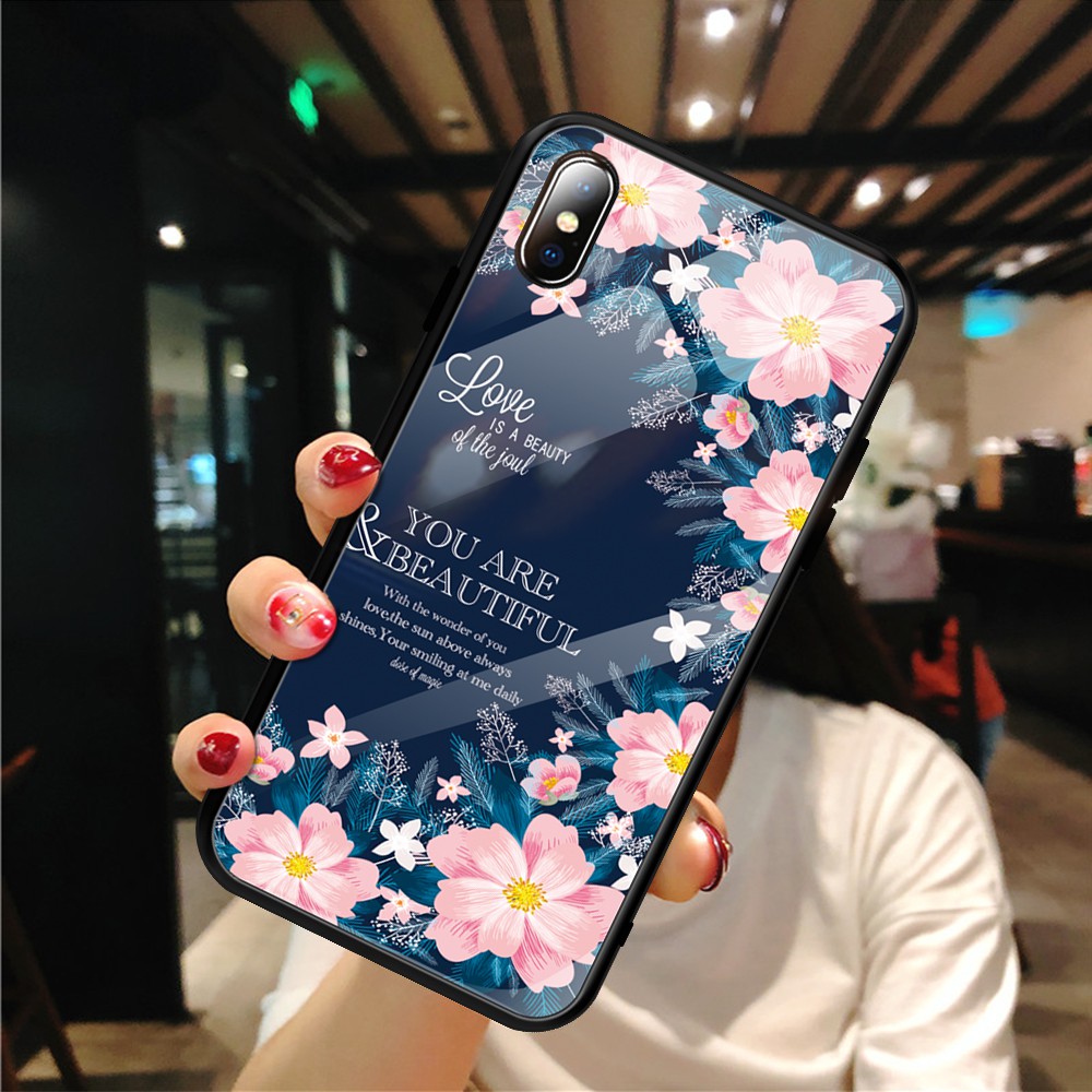 Ốp điện thoại mặt kính cường lực in họa tiết hoa/bầu trời cho iPhone X 8 8 Plus 7 6 6s XS Max XR