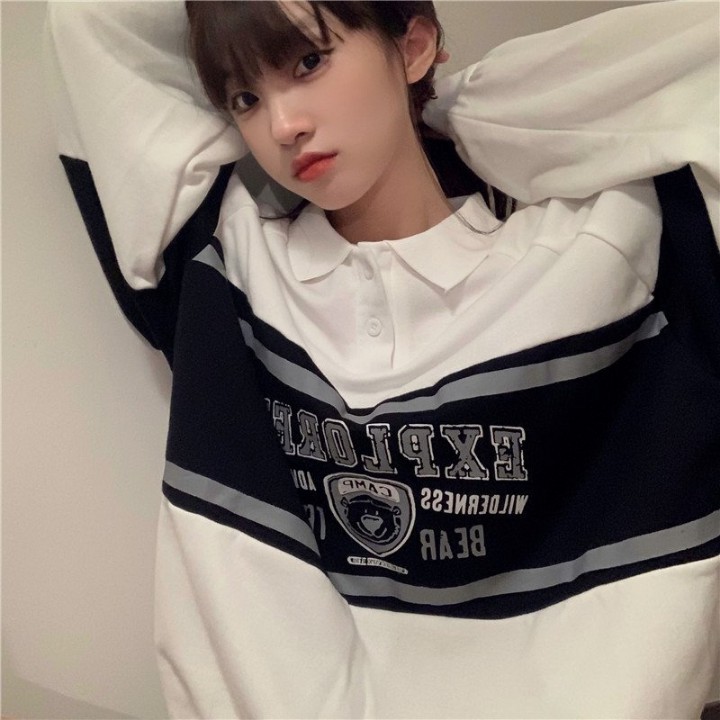 Áo sweater nữ/ Áo nỉ polo unisex dài tay form rộng tay bồng EXPLRER nam nữ phong cách Hàn Quốc RÔ STORE PL04