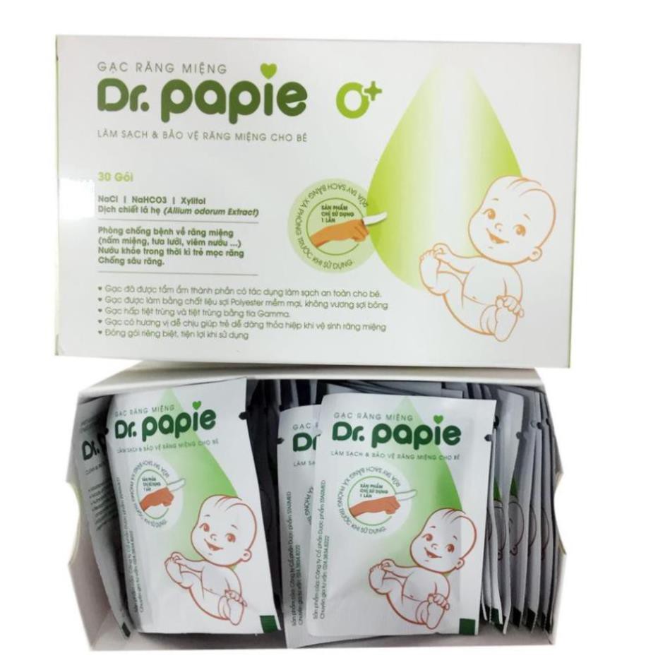 Gạc răng miệng Dr Papie, Sạch miệng, Hết nấm, Ngừa sâu răng (Hộp 30 gói)