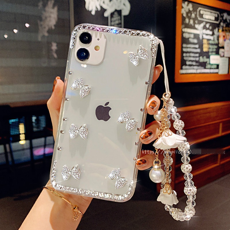 Ốp điện thoại đính nơ kim cương lấp lánh có dây đeo mặt hoa thích hợp cho iPhone 13 11 12 Pro Max X XR XS 8 Plus