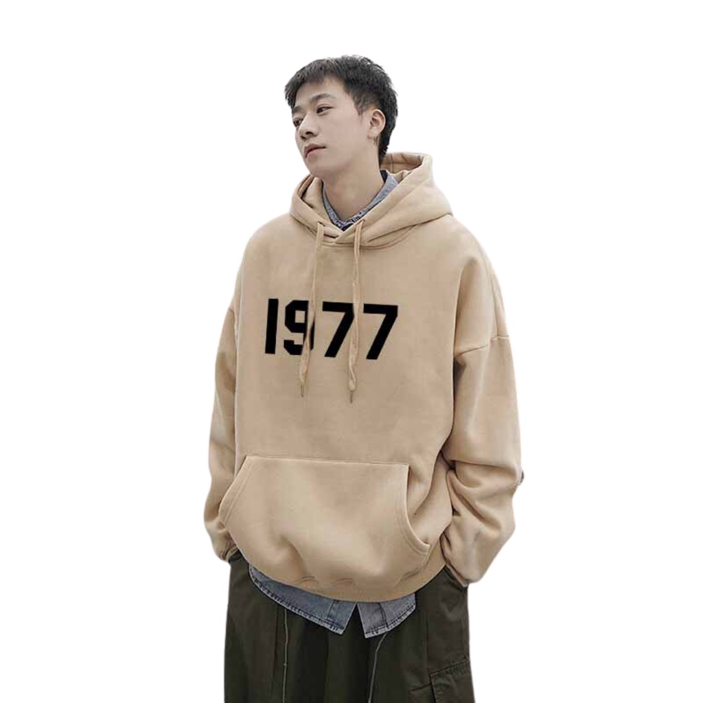 Áo Hoodie chân cua In số 1977 unisex dành cho nam và nữ có mũ form rộng BASIC - Đen Xám Trắng Kem