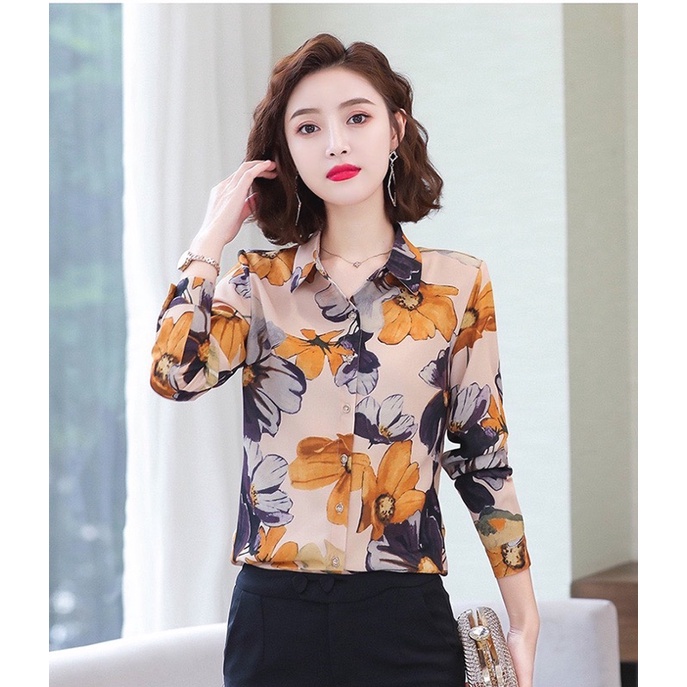 áo sơ mi công sở nữ hoa 3D tay dài size S M L Xl