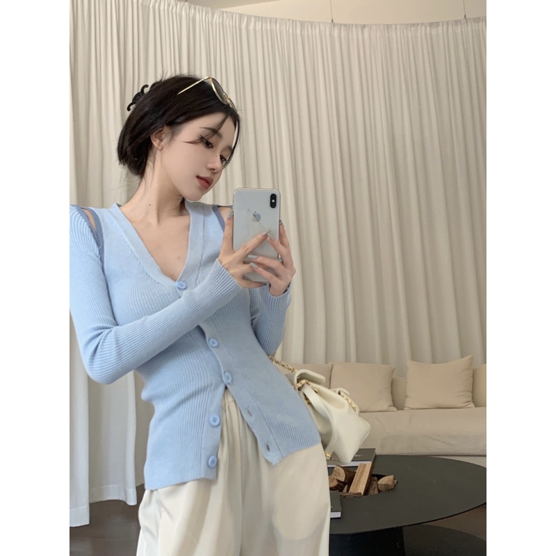 Áo Len Dệt Kim Tay Dài Cổ Chữ v Hở Vai Thời Trang Dành Cho Nữ