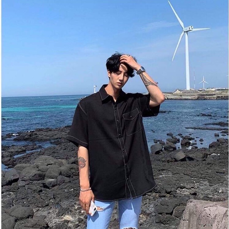 Áo sơmi viền chỉ unisex màu ĐEN/TRẮNG  somi ngắn tay/ Nam nữ unisex / JEJUL store