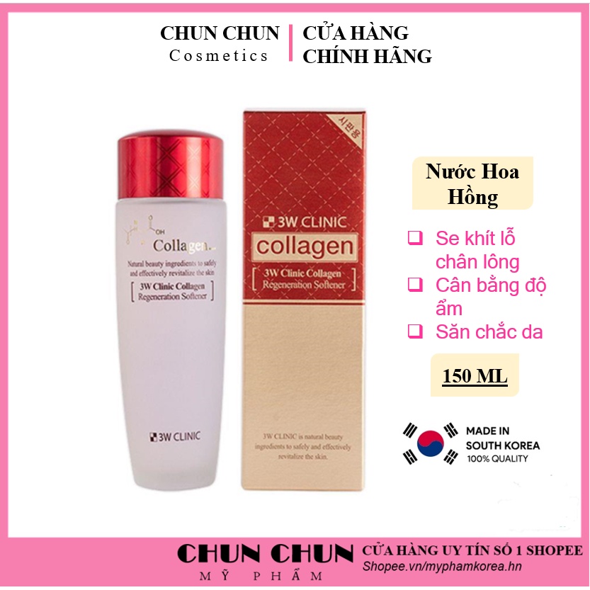 Nước hoa hồng dưỡng da săn chắc chống lão hóa Collagen 3W CLINIC Hàn Quốc 150ml giúp se nhỏ lỗ chân lông làm sạch da