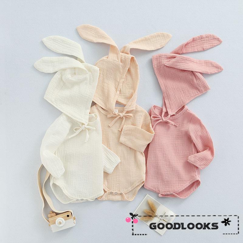 Bộ 2 Món Áo Liền Quần Cotton Tay Dài + Nón Tai Thỏ Đáng Yêu Cho Bé Trai Gái 3-18 Tháng Tuổi
